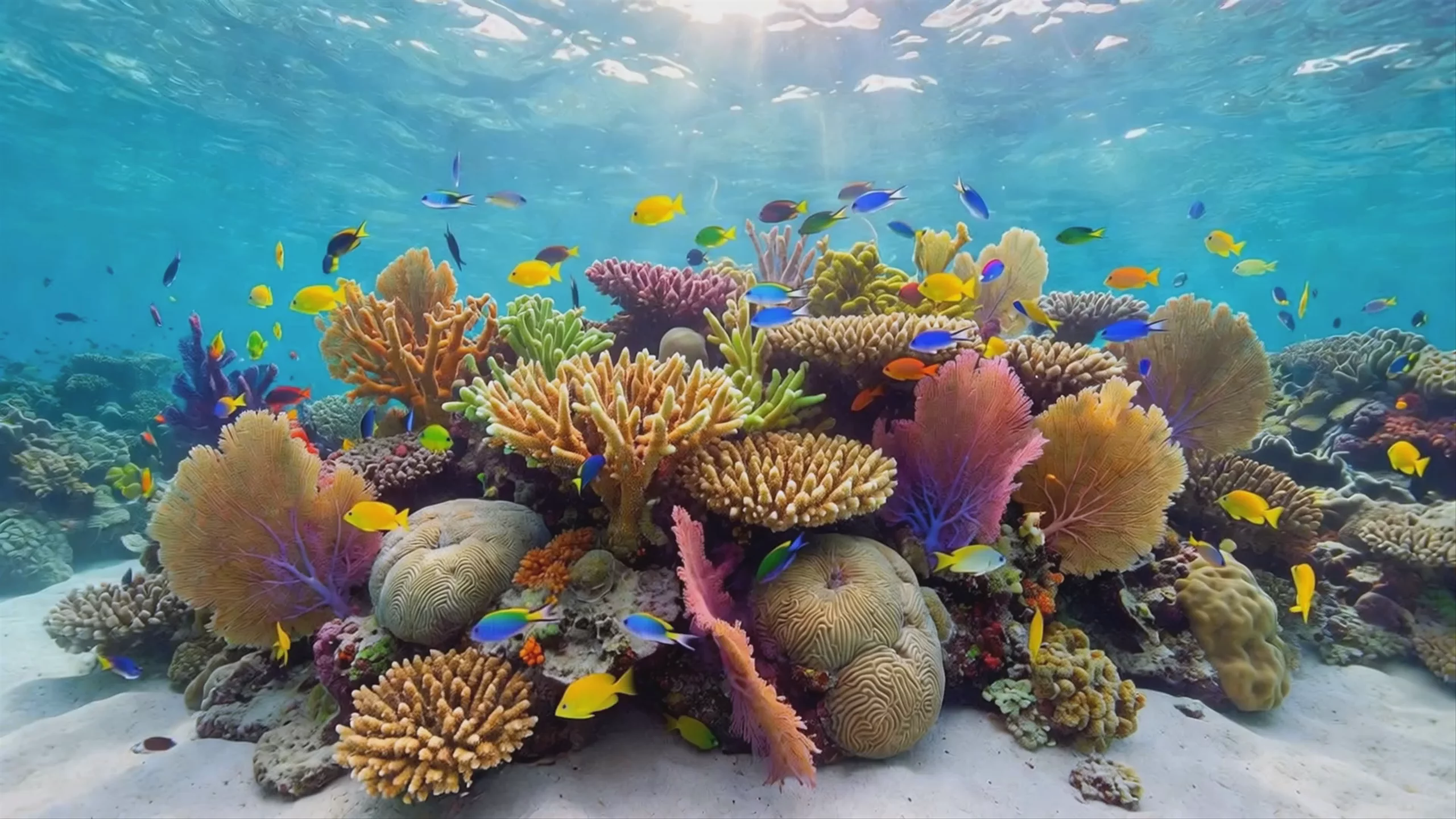 A wide-angle shot of a vibrant underwater coral reef teeming with colorful tropical fish swimming among brain coral and sea fans. Sunlight filters through the clear blue water above. This 1920x1080 video was generated using the MiniMax Hailuo 2.3 Pro model.