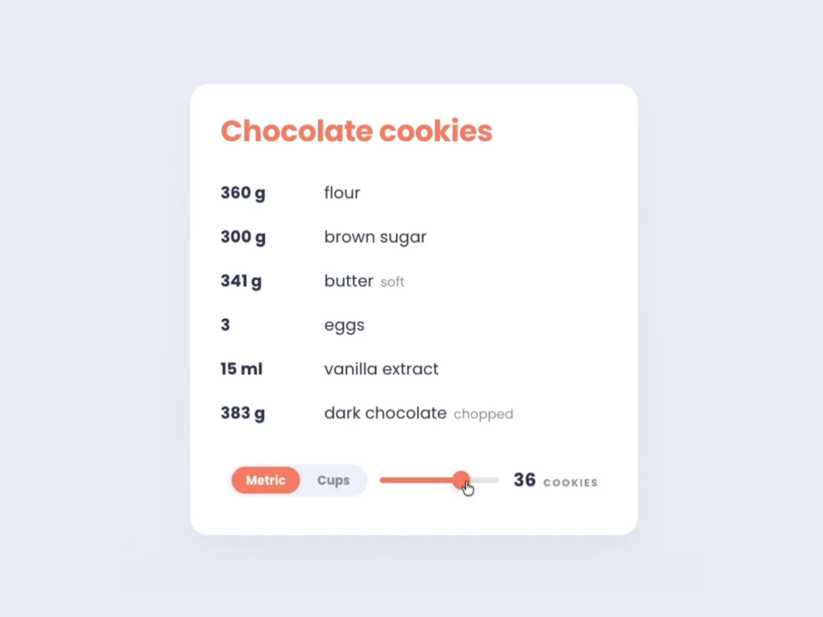 Metric or cups? 🥄Recipe Scaler started with a small problem on a recipe page. Change the servings and every amount turns into something nobody can measure. 1.4999 cups. 1.5 eggs. 187.5 grams of flour.So it does what a cookbook does. Amounts get scaled and then rewritten: fractions snap to 1½, grams round to numbers you can weigh, eggs and cloves stay whole.The video is the metric/cups part. One conversion factor does not work, since a cup of flour is about 120g and a cup of sugar about 200g. So each ingredient carries its own grams per cup, and the visitor flips the whole list with one toggle. All in the browser, no API or backend.Demo: https://recipescaler.framer.website