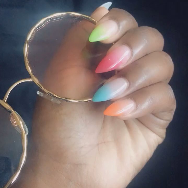 Sky Nails - 5 color cotton candy ombré stiletto point by Tom. Ready for summer! - Nail Salons Near Me - Chicago, Illinois