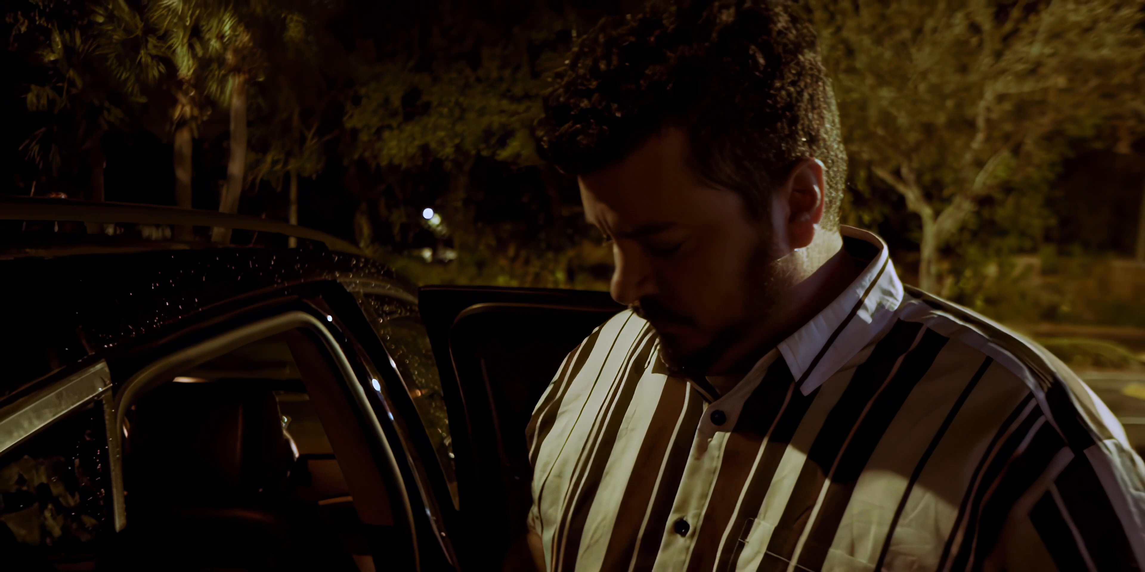 A man in a striped shirt concludes a phone conversation in a dimly lit parking lot before entering his vehicle. He approaches the car door, pauses briefly, and settles into the driver's seat.