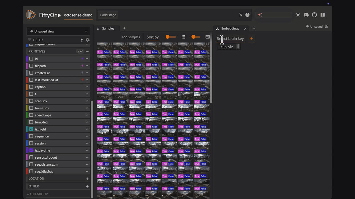 FiftyOne App field sidebar listing OctoSense per-frame metadata including speed_mps, turn_deg, is_night, sensor_dropout, and seq_distance_m.