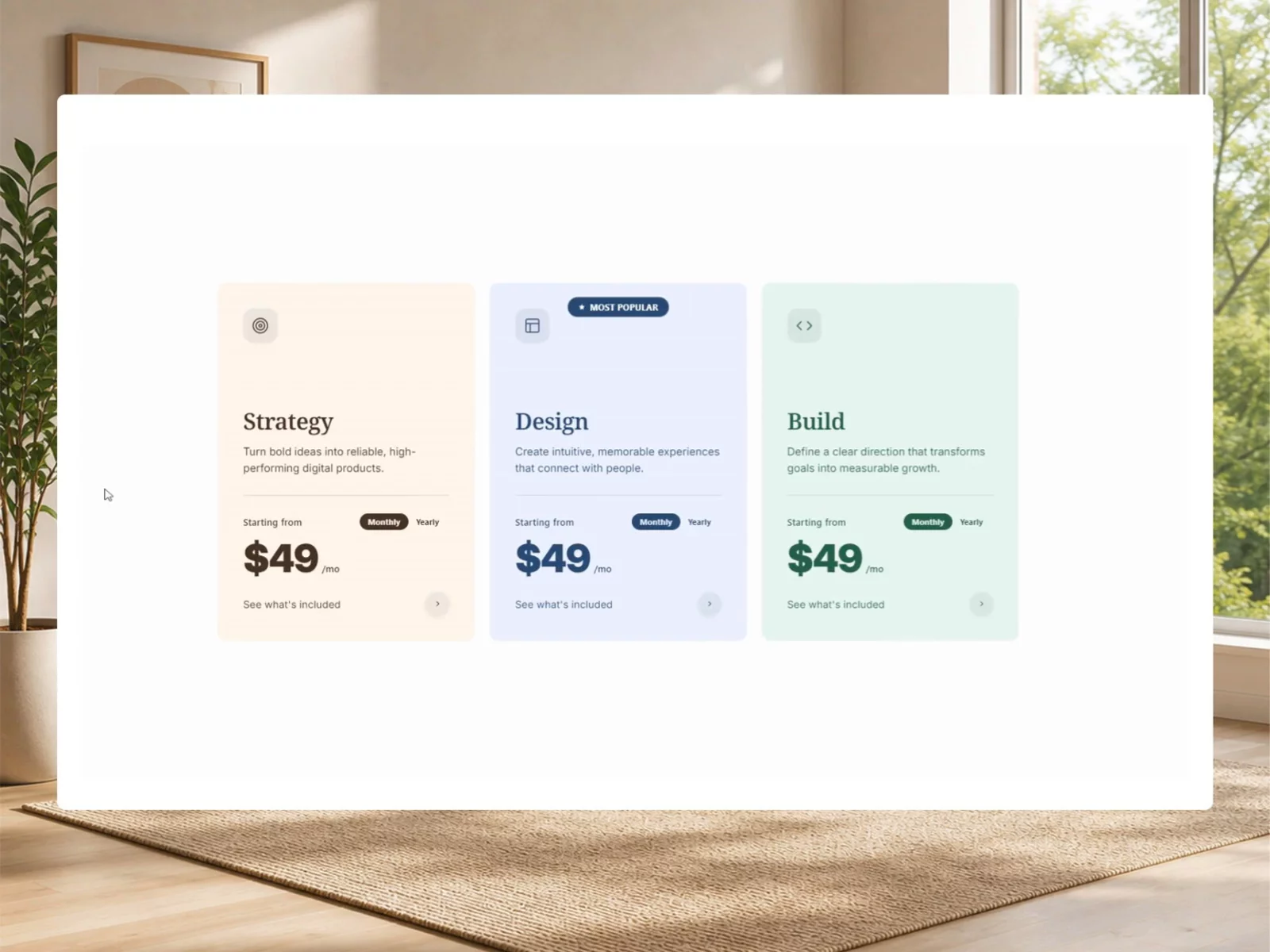 Pricing Service Deck - a Framer component built to make pricing sections more interactive.https://framer.link/ubjqnTYKey Features:• 3D flip cards • Monthly &amp; yearly pricing • Featured plan badges • Flexible service lists • Custom images &amp; icons • Fully responsive • GSAP scroll animations • Highly customizable