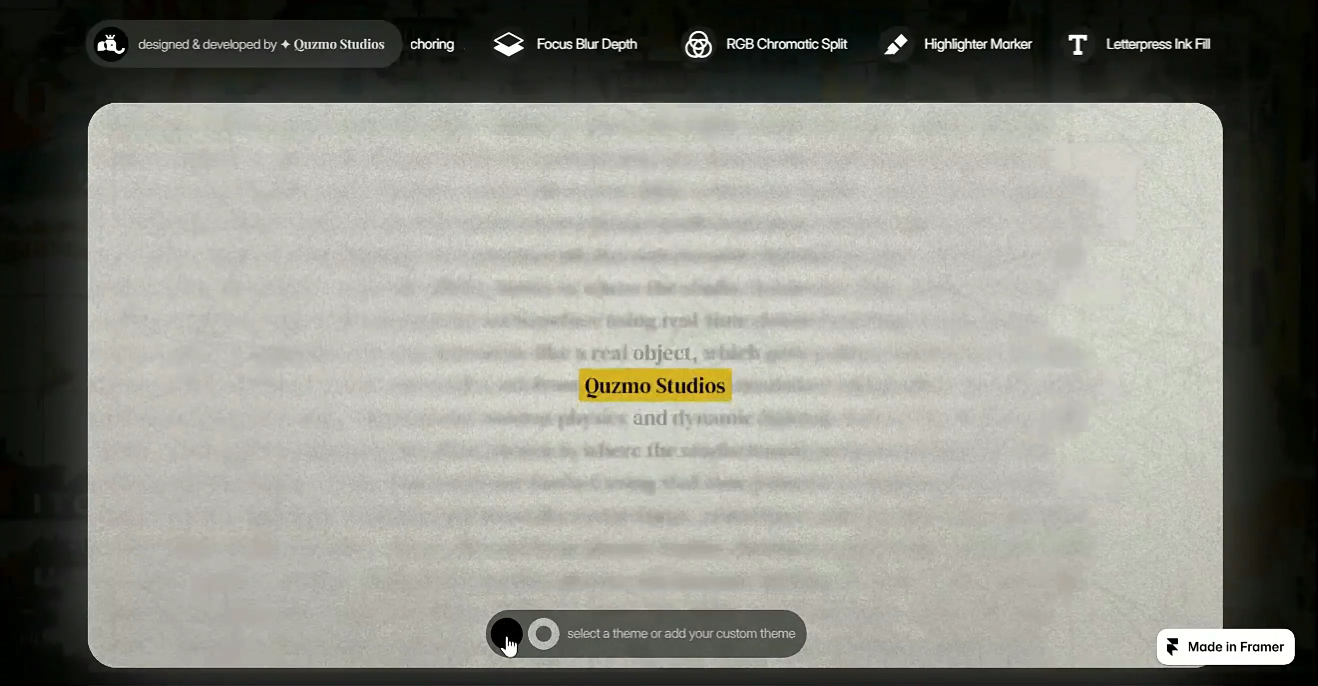 🎬 Meet Match Cut EffectThe cinematic text effect for Framer.In film, a match cut joins two scenes through one shared element. Match Cut brings that idea to your website's text.Your keyword stays locked dead-center while the scenes around it change. Hover, and the keyword follows your cursor, snapping onto each match. Text stays sharp where you look and softly blurs everywhere else.HOW IT WORKS✦ Write your scenes and choose one keyword✦ Scenes cut on a beat while the keyword never moves✦ Hover to pull focus wherever you pointWHAT YOU CAN DO✦ Choose Paper, Noir or your own background color✦ Add film grain, ink-textured type and an RGB split✦ Tune cut speed, blur, focus zone and highlight colorPERFECT FOR✦ Hero sections and brand statements✦ Portfolios and agency sites✦ Product launches and landing pagesEverything lives in Framer's property panel. No code, no keyframes.🎞 Preview URL 🛒 Grab it Now