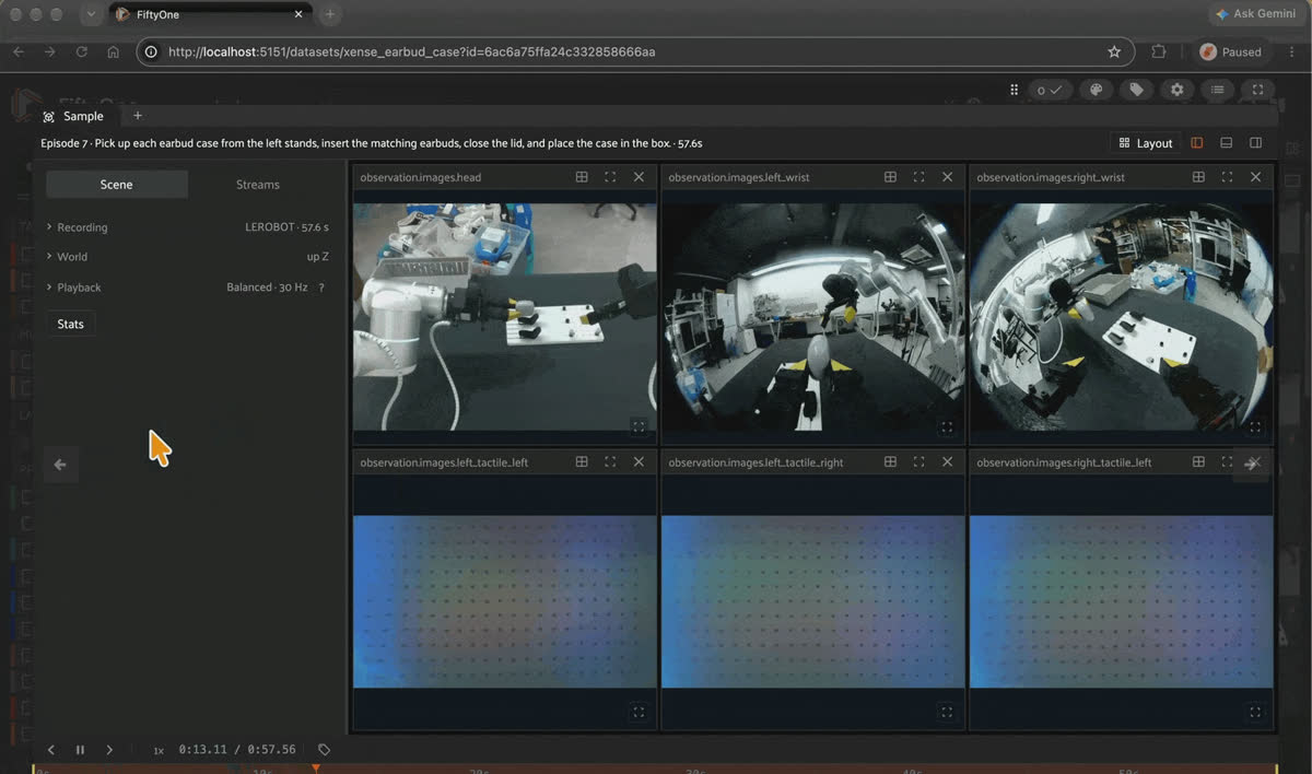An Xense Earbud Case episode in FiftyOne, with the RGB cameras and tactile streams playing in sync.