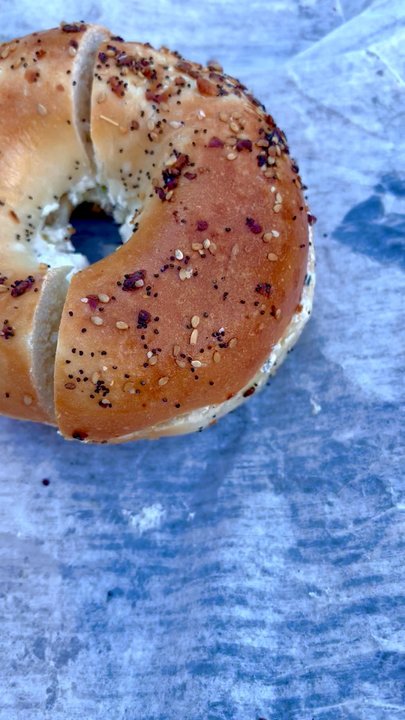 Magpie’s - Everything bagel with scallion cream cheese, everything topping is on the bagel bottom too - Coffee & Tea Near Me - Bristol, Connecticut