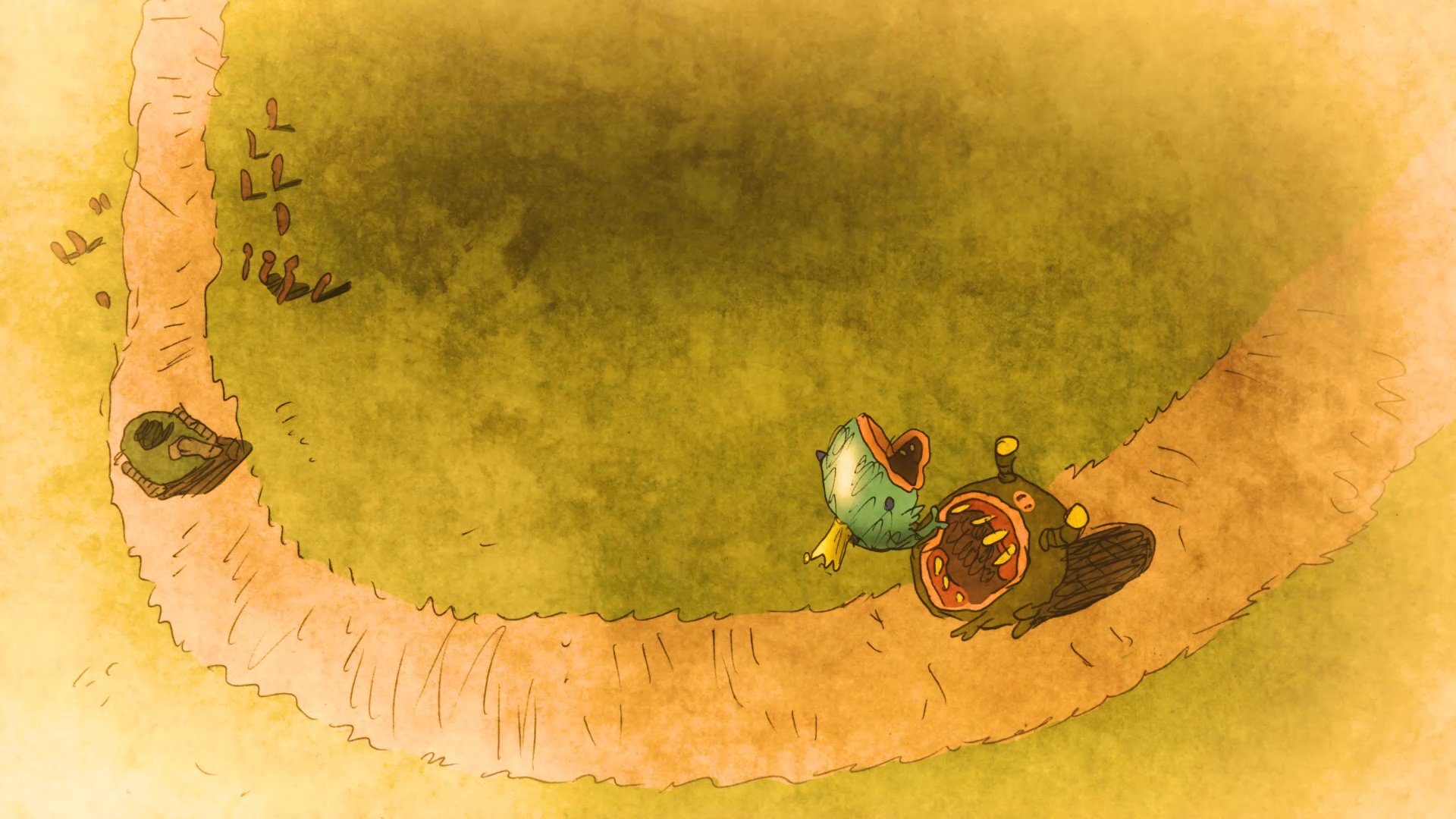 A crowned fish navigates a perilous, bizarre wilderness while evading a large toad-like predator and witnessing unexpected chaos. The narrative shifts into a surreal sequence involving a sudden environmental transition into deep water.