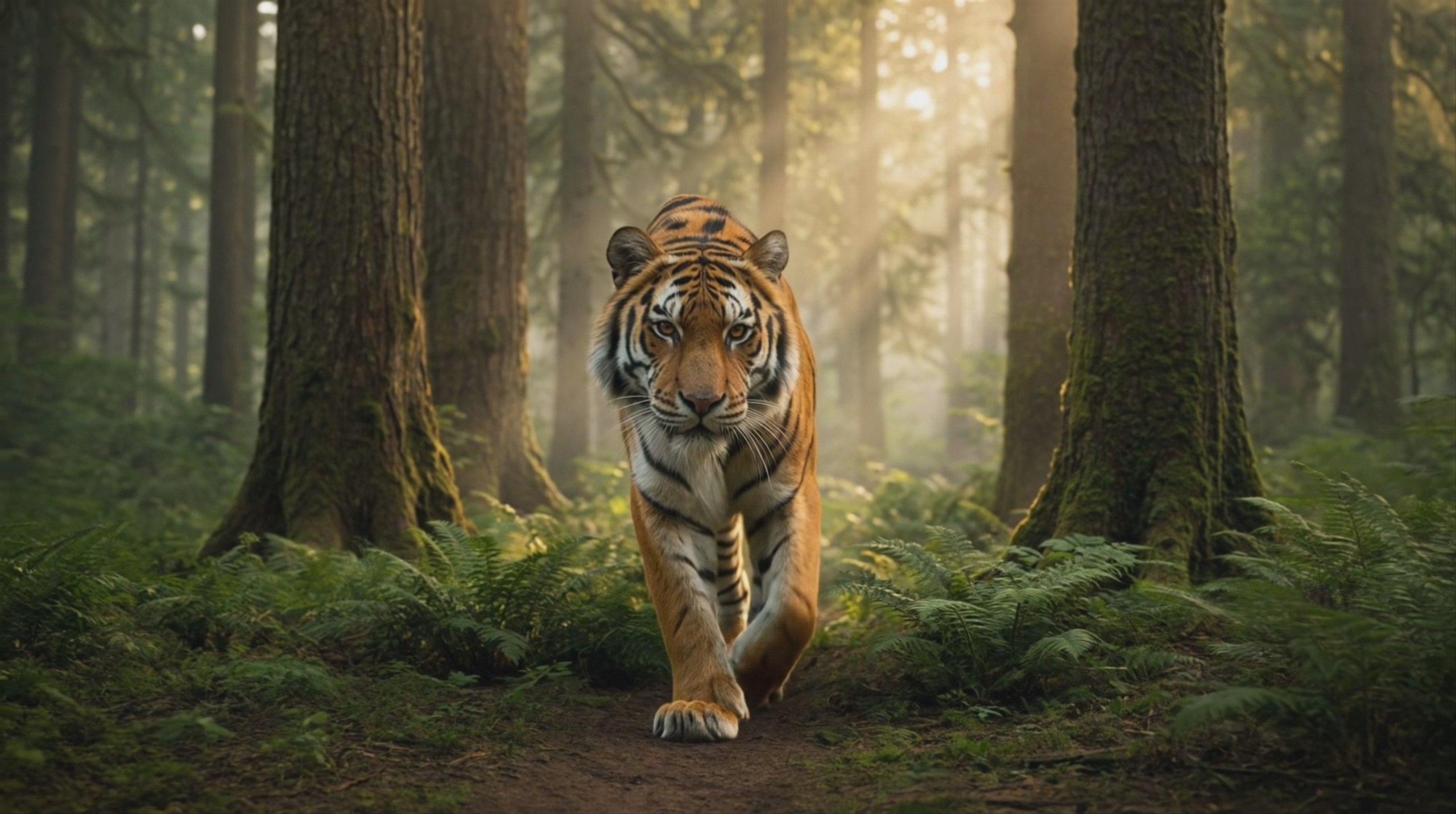 A Bengal tiger walks forward on a path in a misty forest filled with ferns and tall trees, with sunlight streaming through the canopy. This initial frame of a 1924x1076 video was generated using the Kling O3 Pro model.