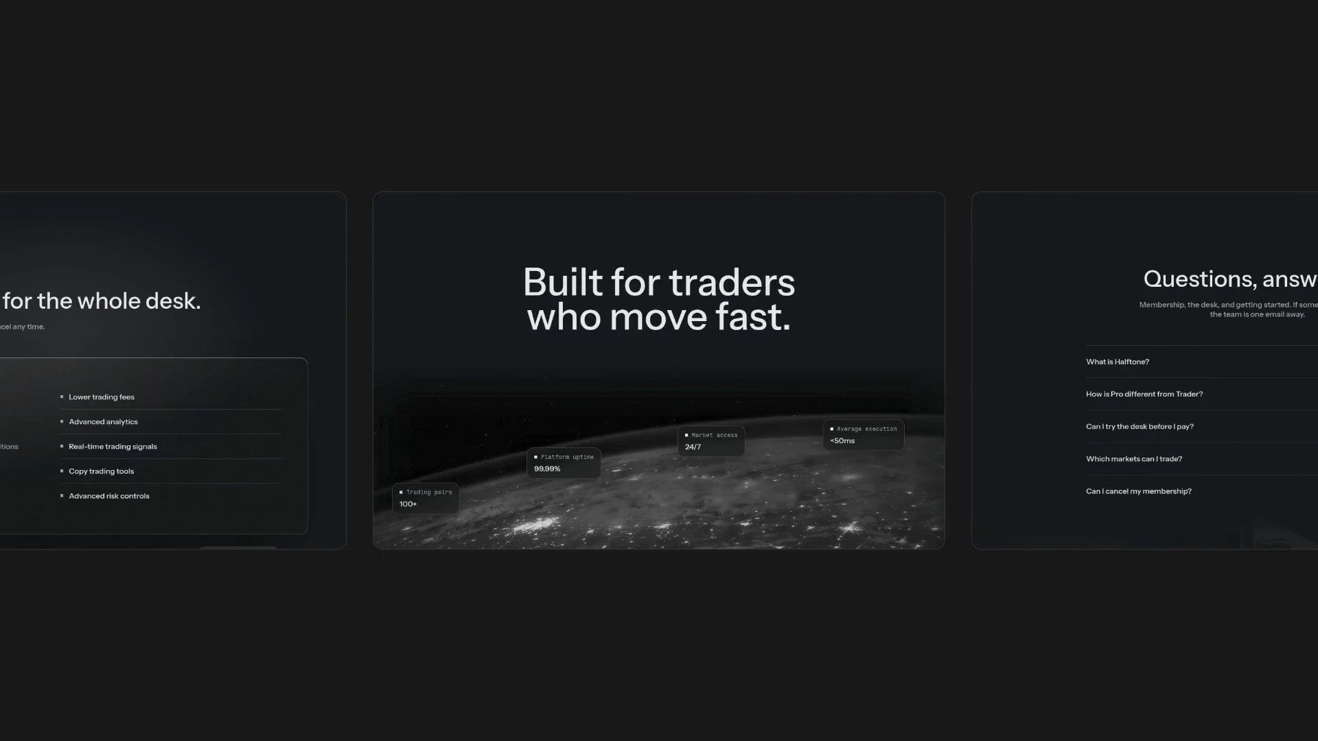 A free one-page site for a trading desk. Candles draw in as you scroll, and an order book sits under the hero. A /design-system page names every layer. What would you trade on it?Copy Halftone Tech