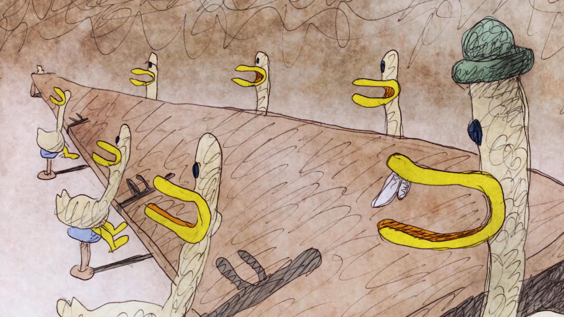 Anthropomorphic ducks gathered around a conference table engage in a lively and chaotic meeting. The scene shifts between individual close-ups of the ducks and wide shots of the group dynamics.