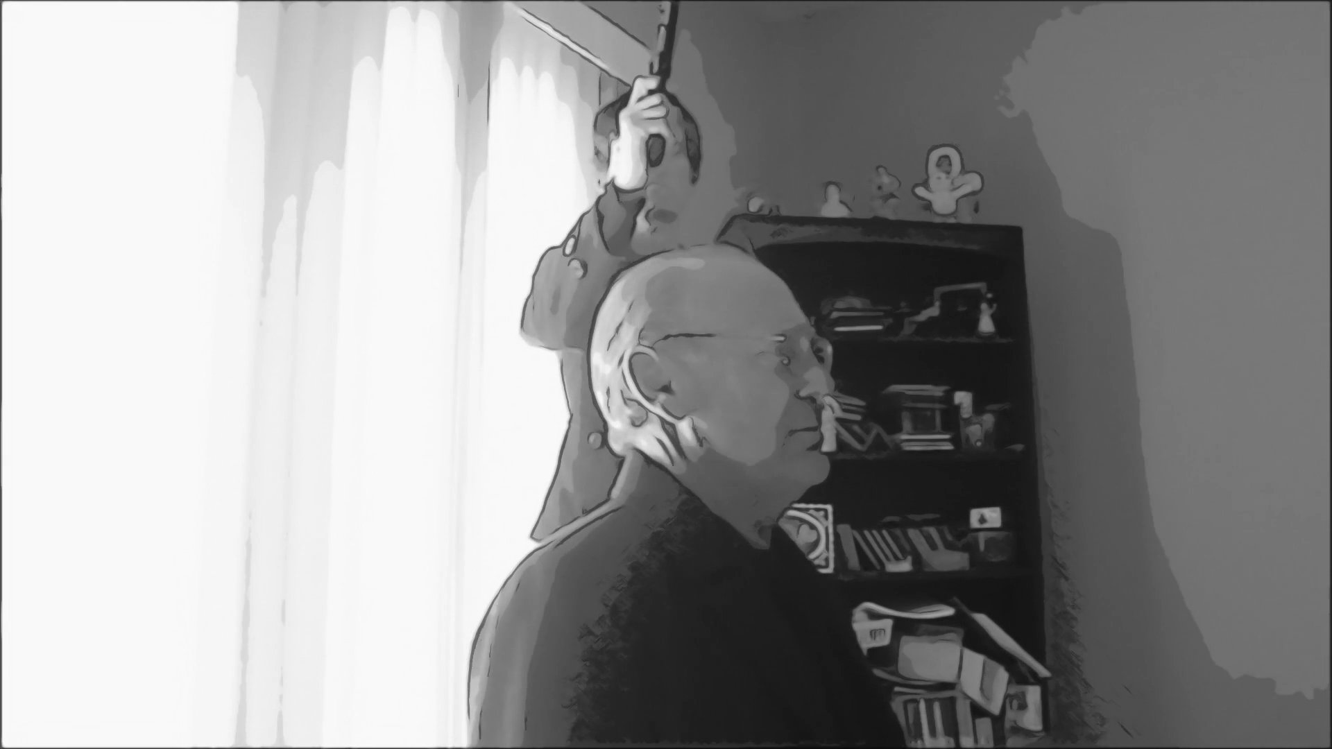 A young man holding a handgun confronts an older man within a dimly lit indoor setting, building significant narrative tension.