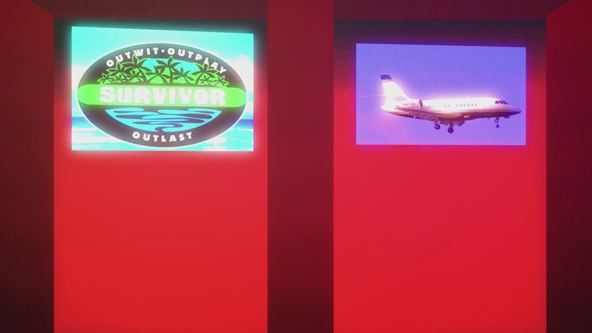 A private jet descends for landing against a jungle landscape, alternating with the Survivor series logo on red illuminated panels. The sequence establishes the remote, tropical arrival of contestants for the new season.