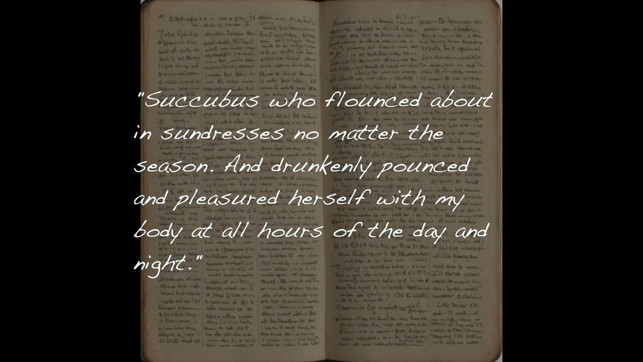 A man and woman perform a dramatic reading of prose from an antique, hand-written manuscript.