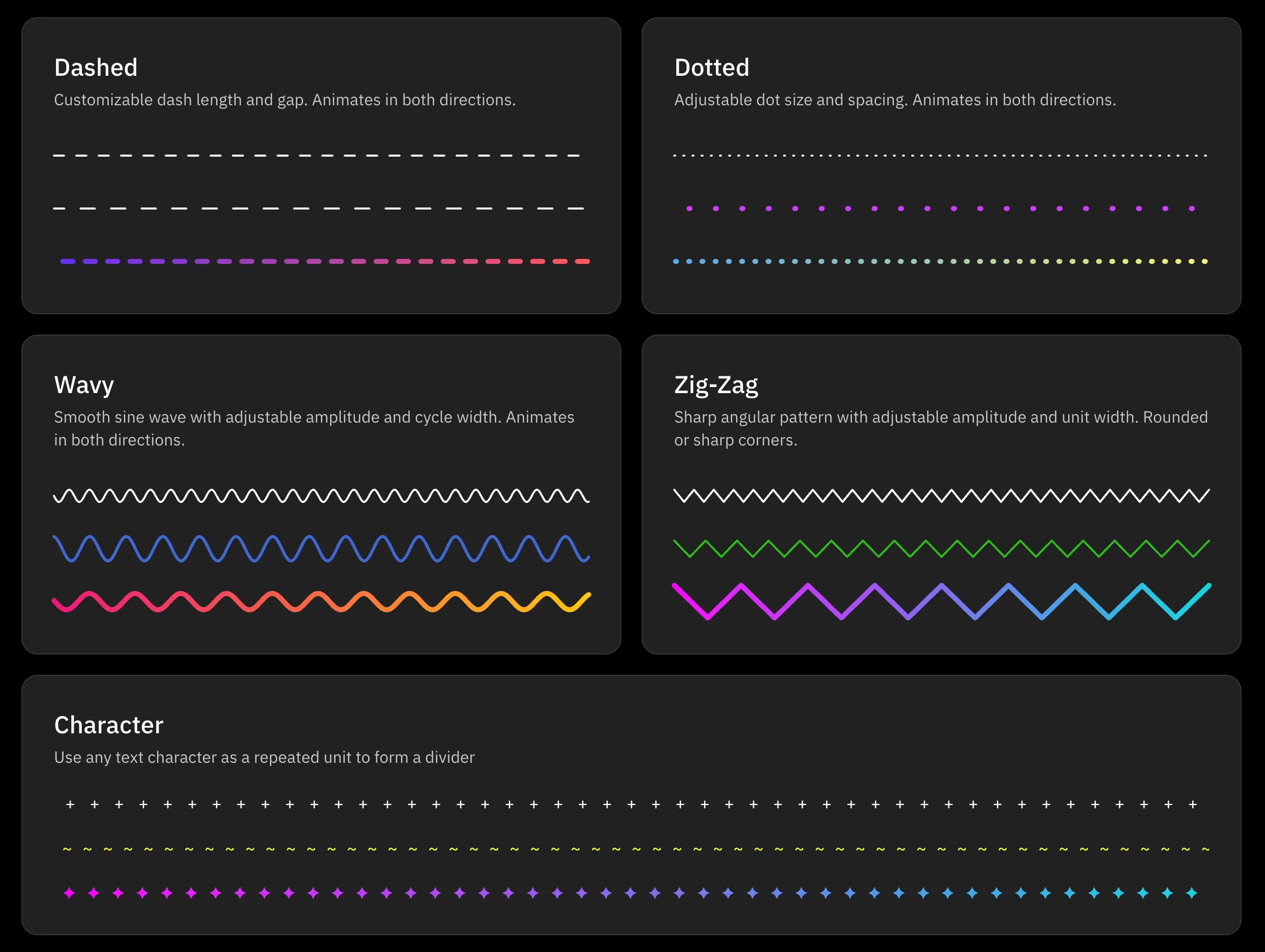 Framer has no native divider, so I've been drawing 1px rectangles/frames at 10% opacity. I always felt dividers could be visual elements that add to the visual language bringing character to any design.So I built a versatile divider component with multiple styles (straight, dashed, dotted, double, wavy, zig-zag, character.), solid colour/gradient support and animation to bring that wow factor.Link in comments! 😀
