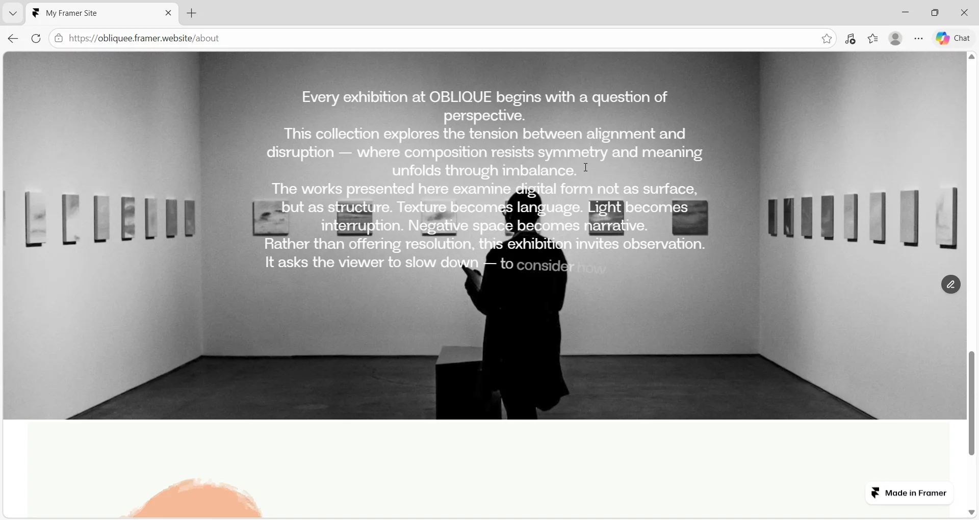 This is Website work for A modern art gallery - OBLIQUE. This was created with the help of a custom component If anyone want to but the homepage component then message me