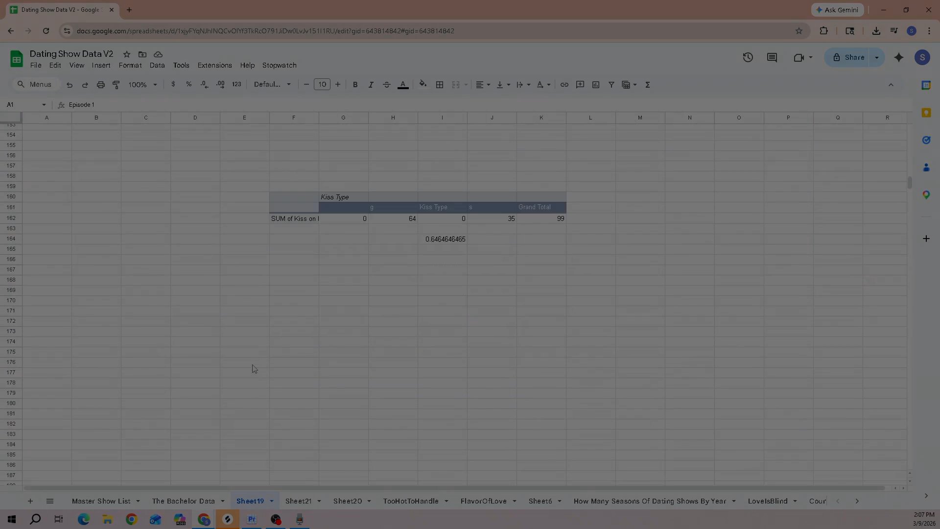 A detailed data review of Love Island UK Season 1 is presented, correlating spreadsheet metadata with specific show moments, including segments centered on personal reflection and narrative events.