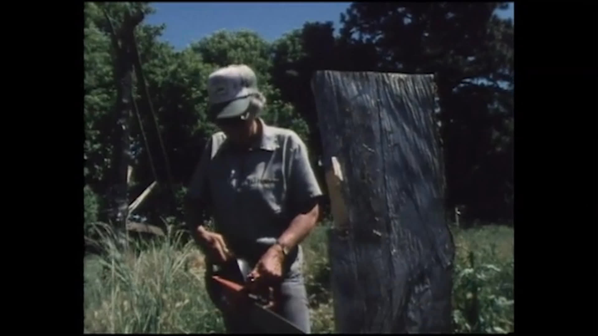 A man rides a horse with a young child against a mountain backdrop, then a worker handles a chainsaw beside a large tree trunk in a grassy clearing. The conversation recalls laughter and ranch work while noting that serious accidents have been avoided so far.