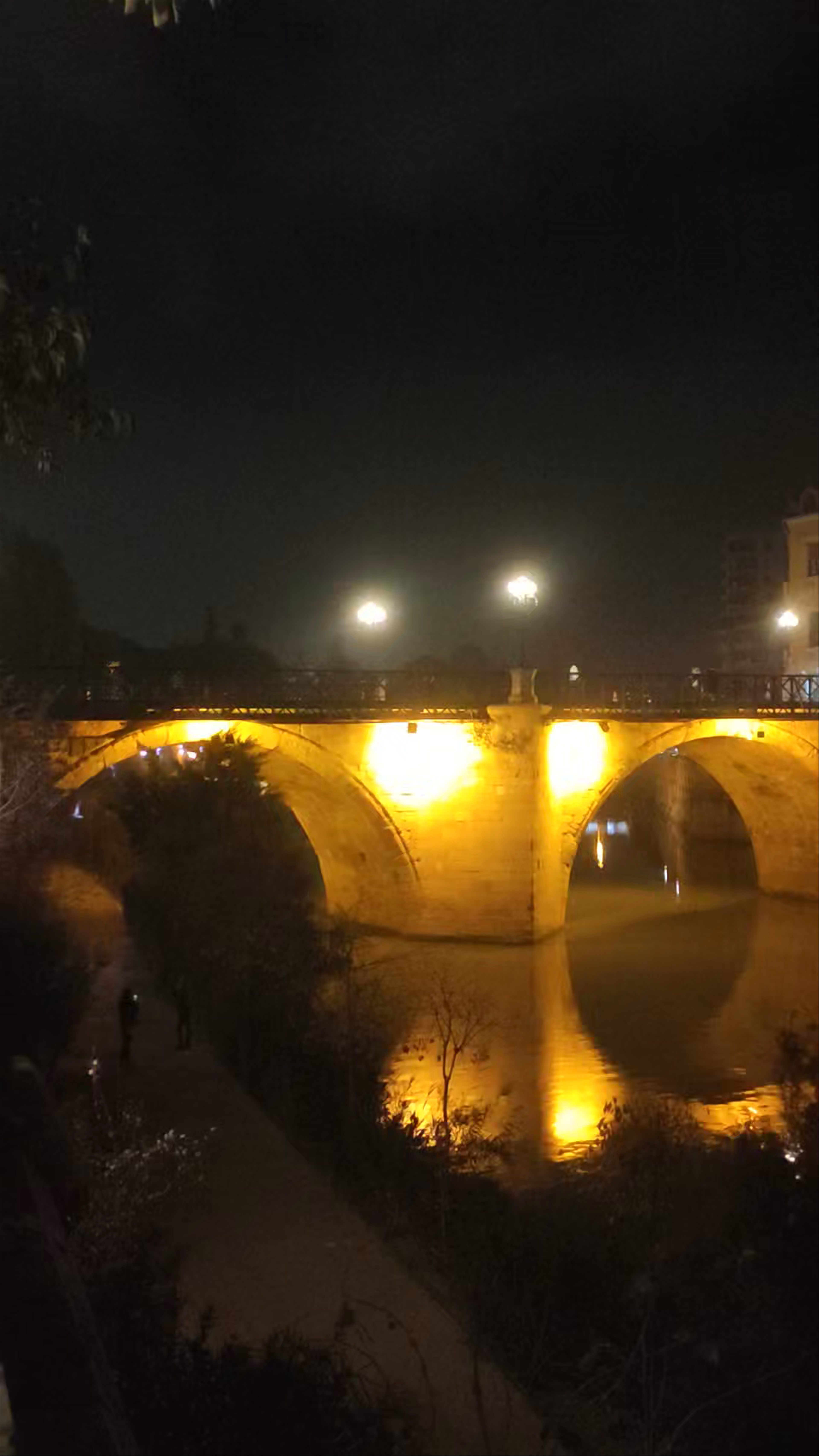 Puente Viejo in Murcia: Golden Night Reflections on the River