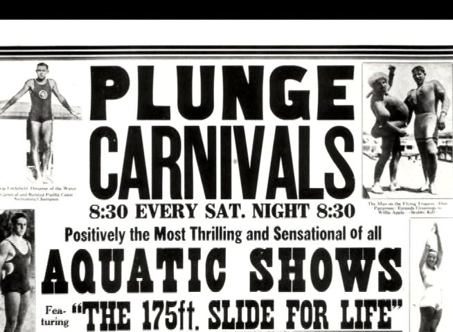 Historical promotional materials detail upcoming aquatic exhibitions at a seaside plunge, featuring death-defying acts and championship swimmers.