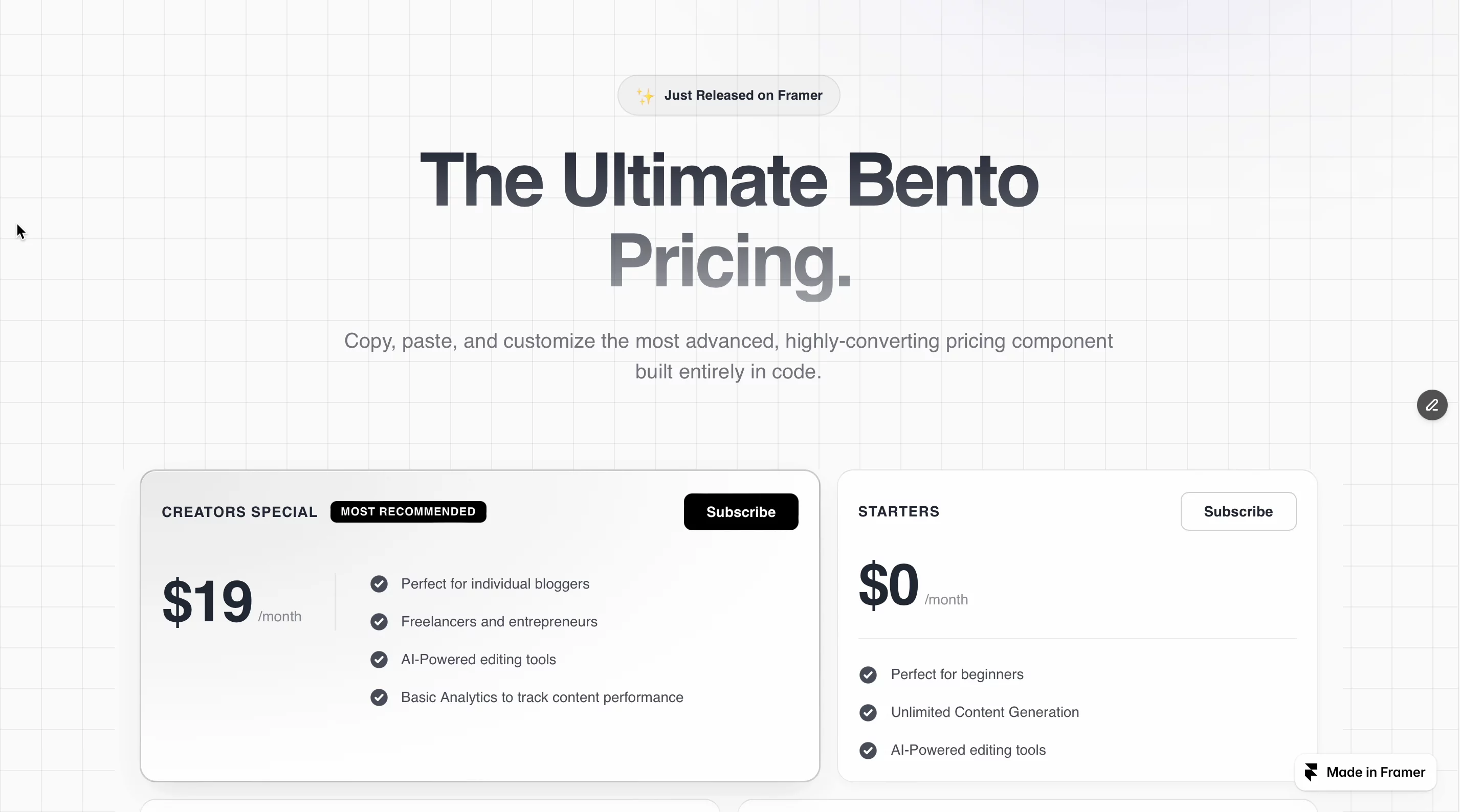 Introducing Bento Pricing Pro A premium Bento-style pricing component for modern SaaS fully customizable, beautifully asymmetric, and built with polished hover effects.Upgrade your SaaS landing page today: Bento Pricing Pro