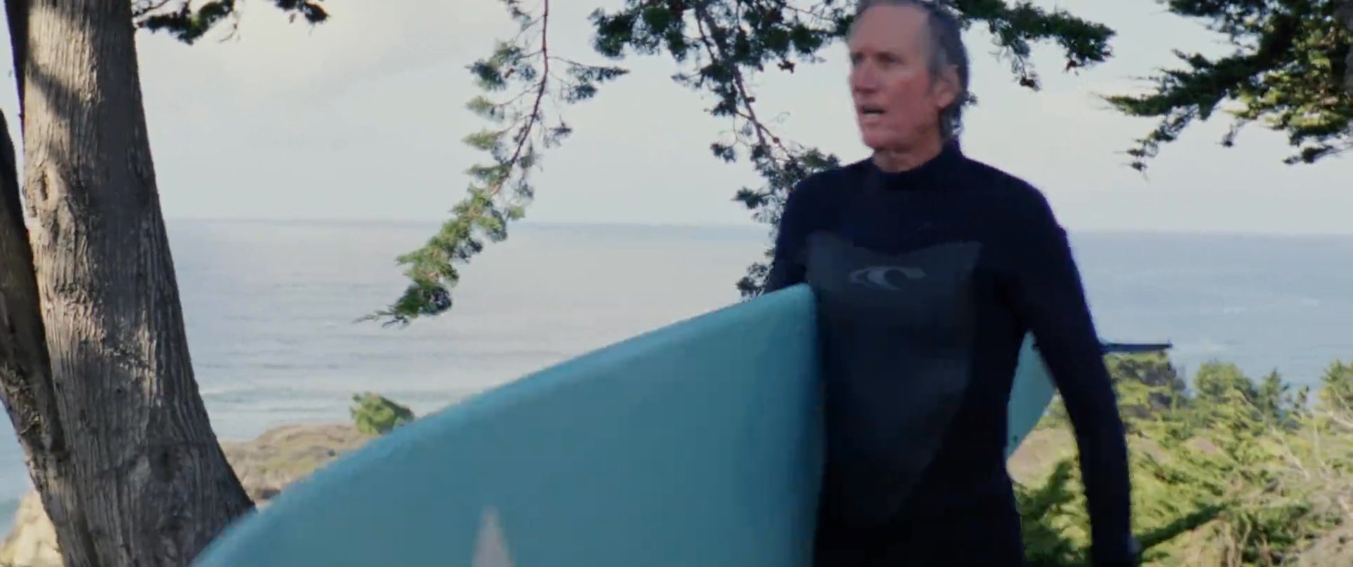 A surfer carries a surfboard toward the ocean, scanning the coastline and wave conditions to prepare for a session.