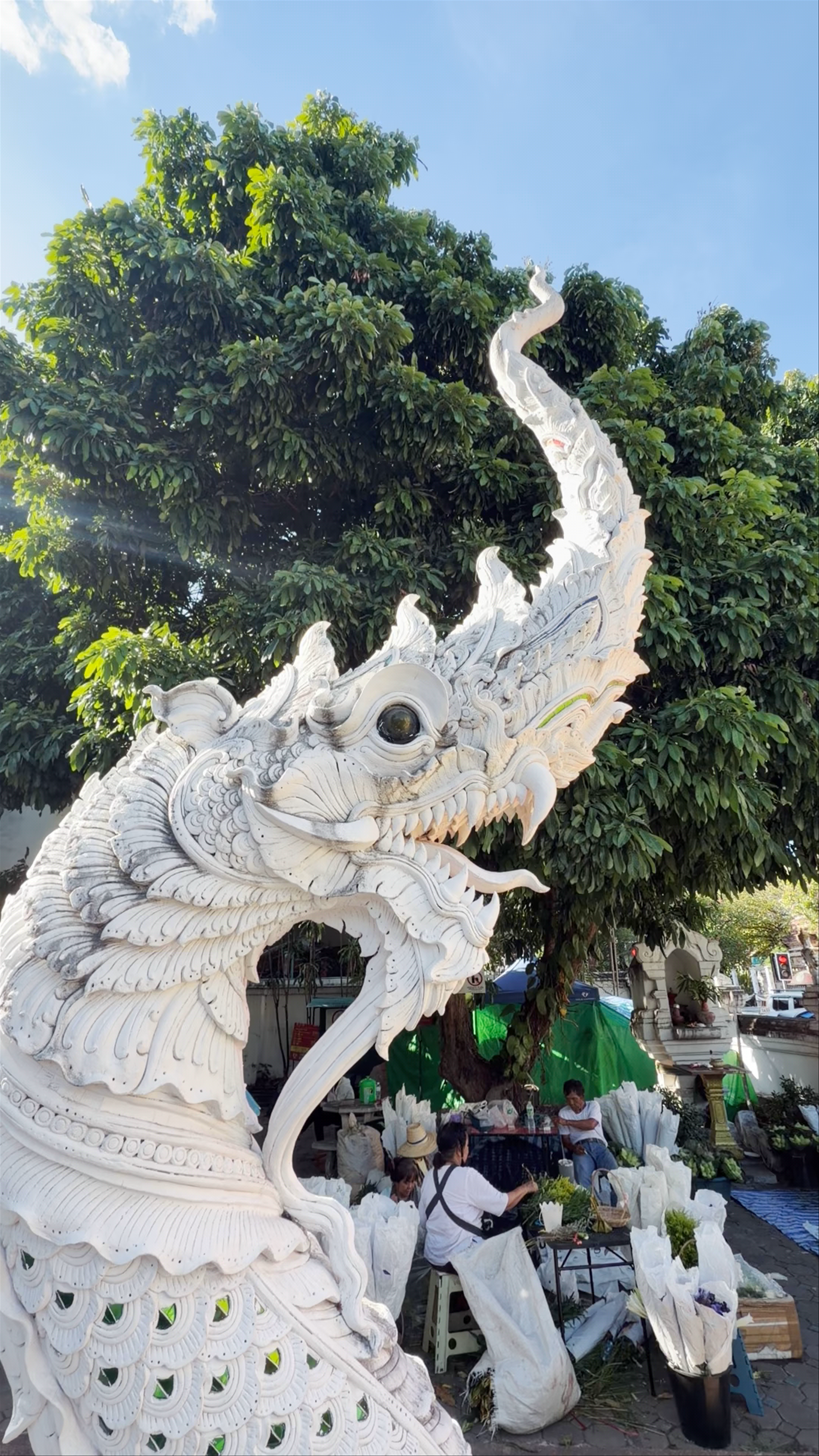 Intricate White Naga Sculpture at Wat Chang Taem, Chiang Mai