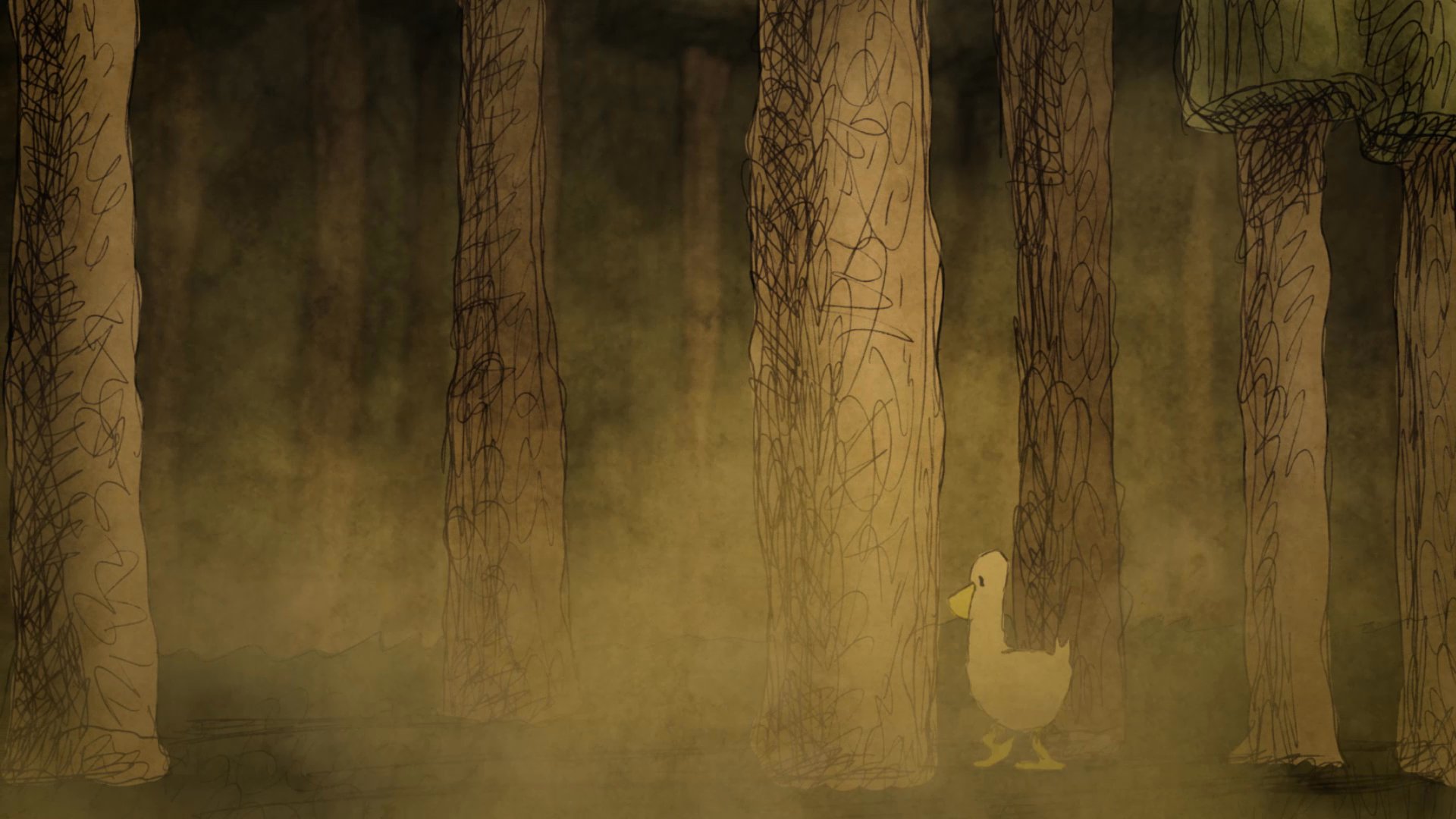 An aggressive bird intimidates a group of small ducklings before they disperse into a misty forest. One remaining duckling wanders through the trees, eventually finding itself alone against a large, textured wall.