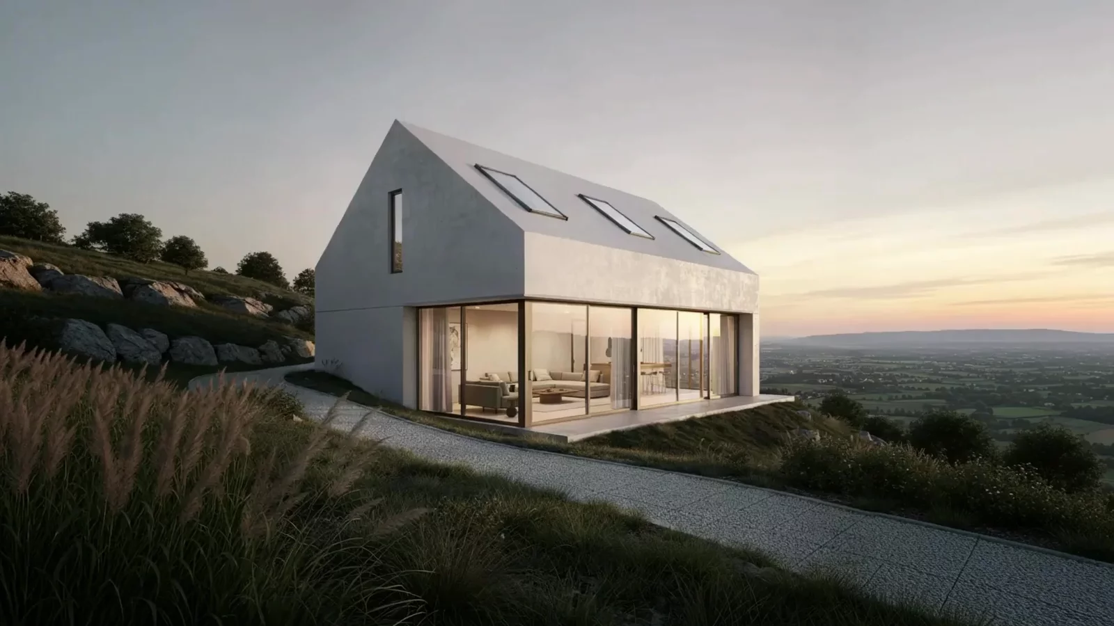 An architectural video of a white rendered gabled house on a hillside at dusk, glazed at ground level above a valley