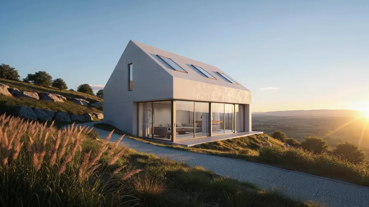 An architectural video of a white rendered gabled house on a hillside at dusk, glazed at ground level above a valley
