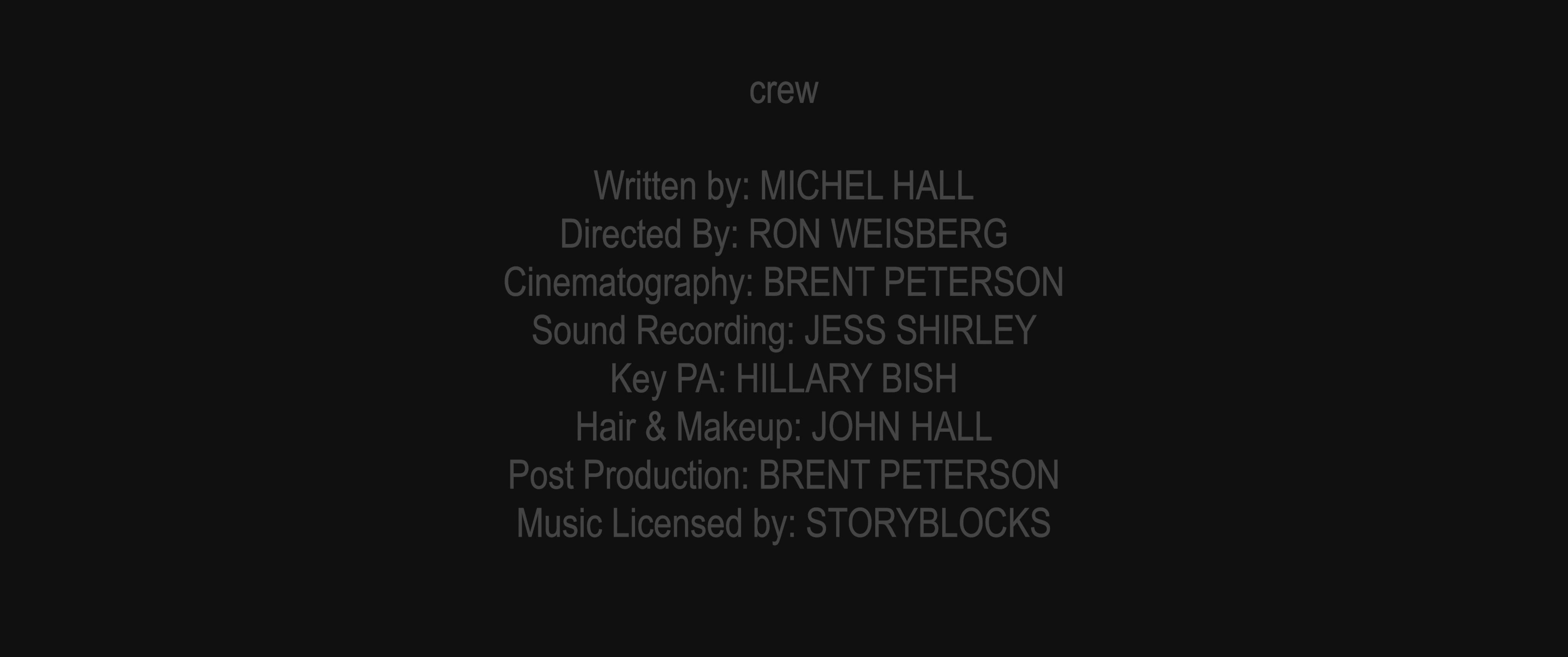 A film credit sequence displays the cast and production team names against a black background, followed by a final scene of a man in a room.