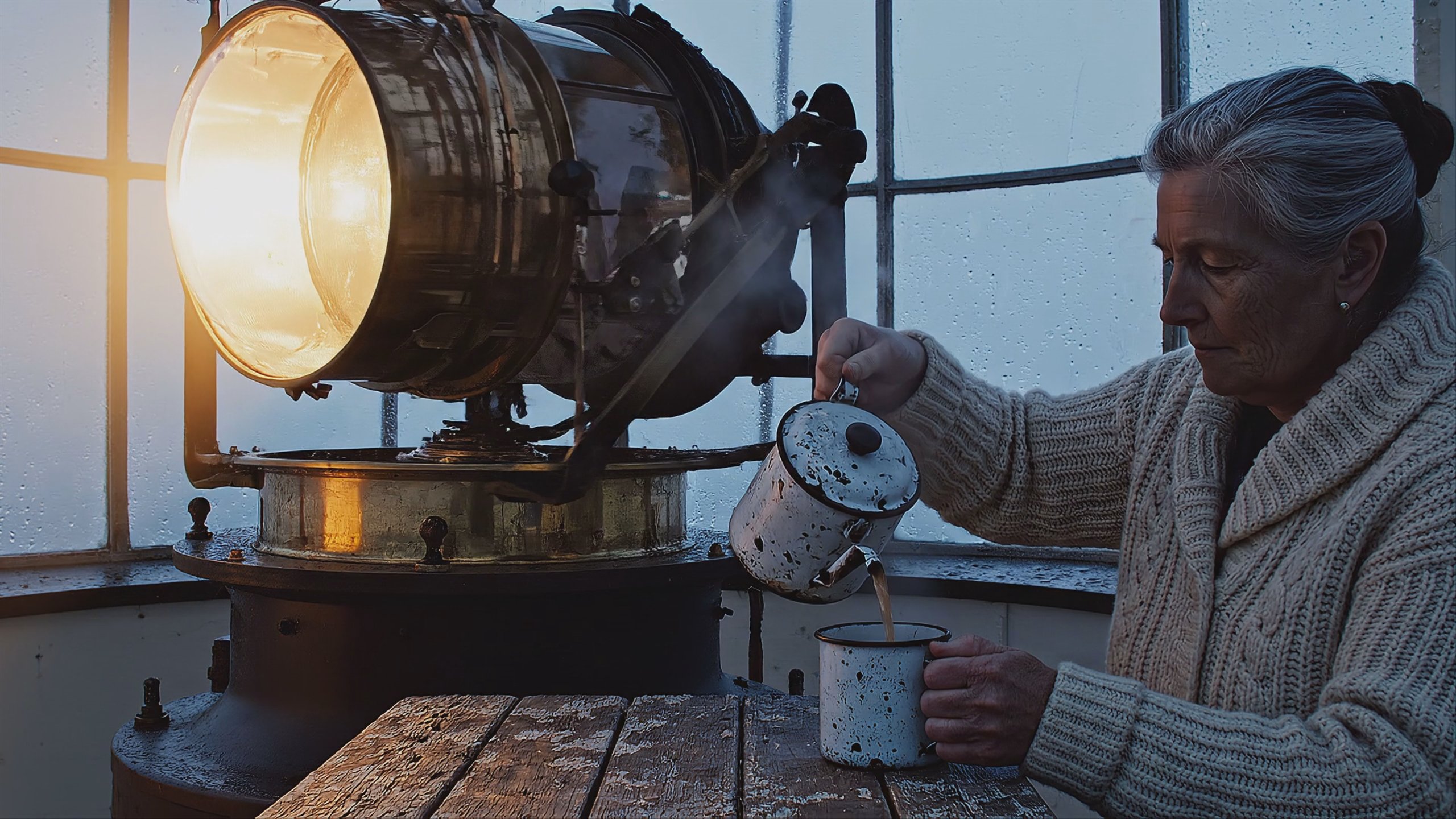 A lighthouse keeper in a wool sweater pours tea beside the lantern-room glass as the lamp beam sweeps through fog