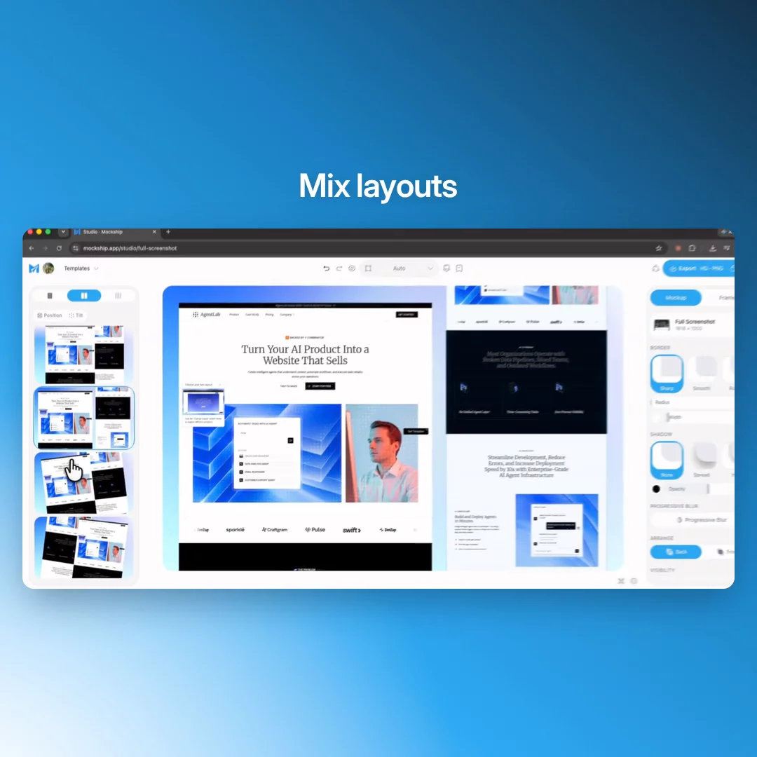 Every time I needed a clean screenshot for a landing page or a case study, I'd lose 20 minutes hunting Figma templates. Then another 10 tweaking shadows. Now it's one drop and one export. mockship.app