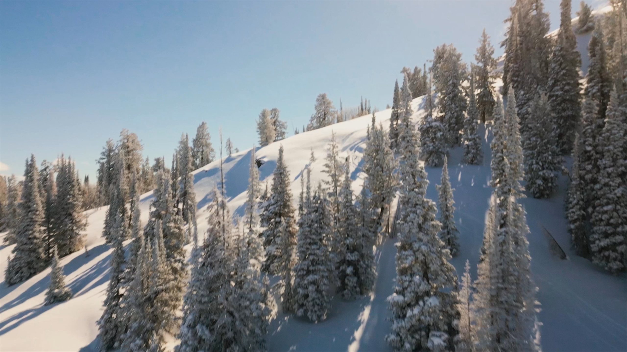 Skier going down run in Powder Mountain, Utah with late in the day shadows on the snow