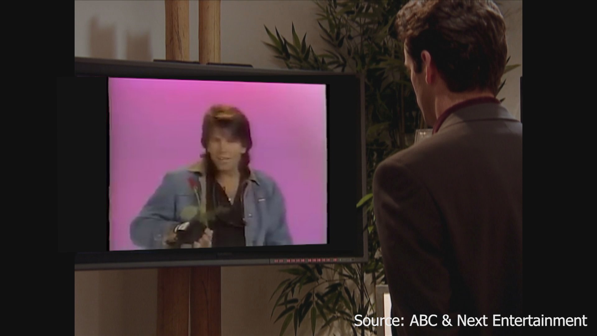 A man reviews potential partners before proceeding to a romantic, outdoor marriage proposal on a reality television program. He ultimately drops to one knee to present a rose and propose to his chosen partner.