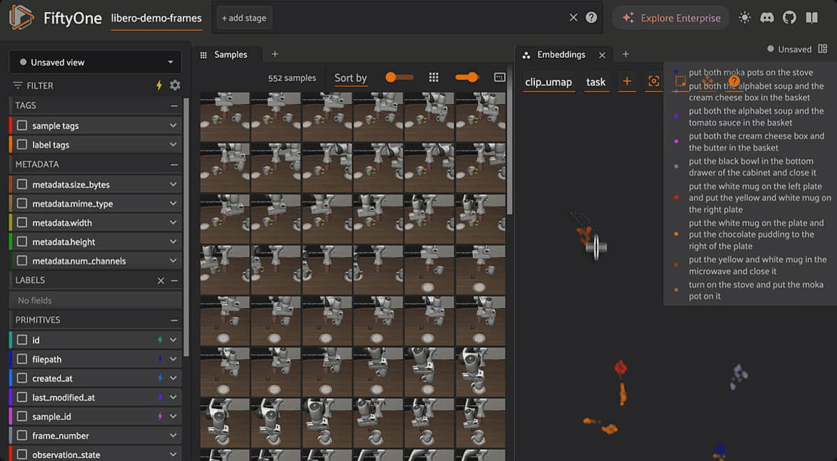 Opening the FiftyOne Embeddings panel to view a UMAP projection of CLIP embeddings for LIBERO frames