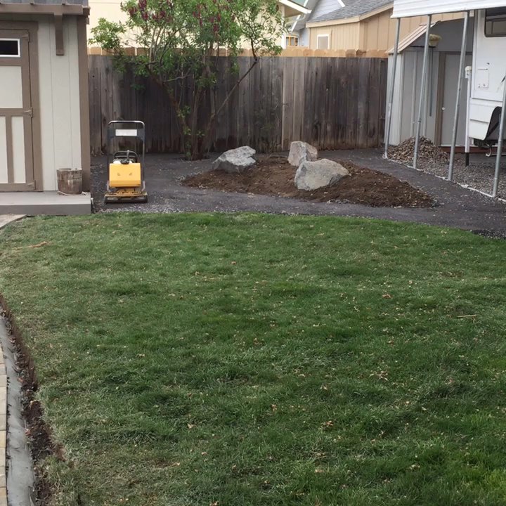 Alder Creek Landscaping - Raised mound with crushed rock. Pathway from patio to shop. - Landscaping Near Me - Klamath Falls, Oregon
