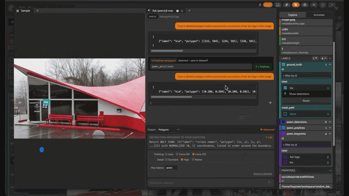 Sample ID 6a722bd45718c939fd7f29a1: Qwen3.8-Max for  keypoints and polygons for the "kia" logo; keypoints performed spot on