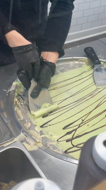 Cloud Tea - Rolling the ice cream. Note they very dirty work station. - Bubble Tea Near Me - Barrington, Illinois