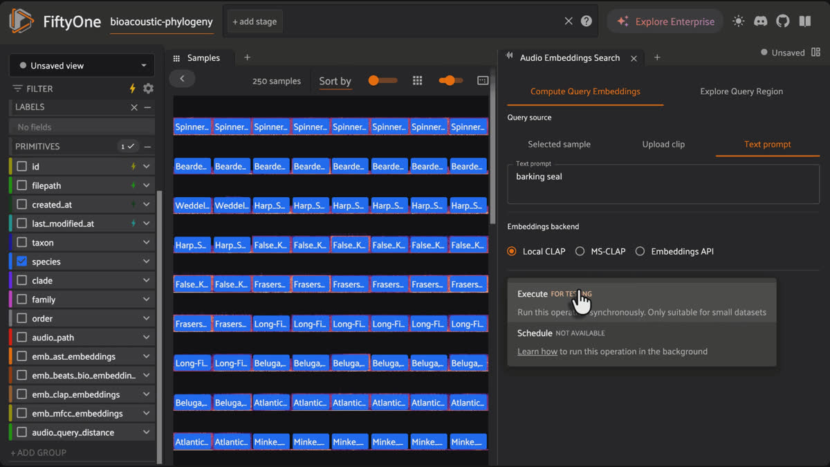 Audio Embeddings Search panel in FiftyOne turning the text prompt barking seal into a CLAP query embedding to surface matching clips.