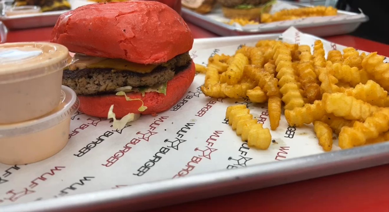 Wulf Burger - vegan burger on red bun, LOVE the fries - Burgers Near Me - Dallas, Texas