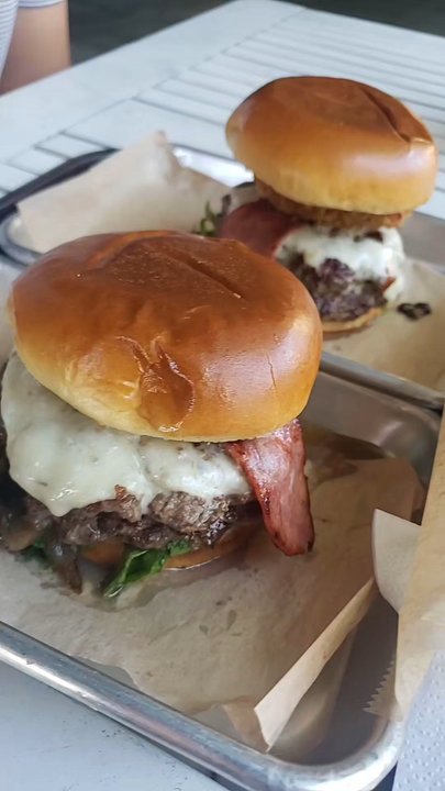 Urban Skillet - Truffle burger (front) and Southern BBQ burger (back) with a side of Tuffle fries - Halal Near Me - Riverside, California