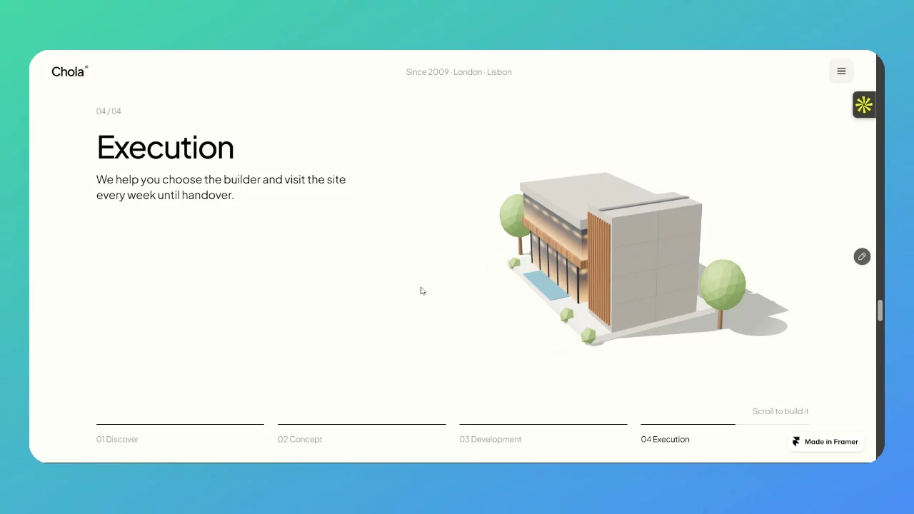 3D scroll effect for architecture studios. Built in Framer