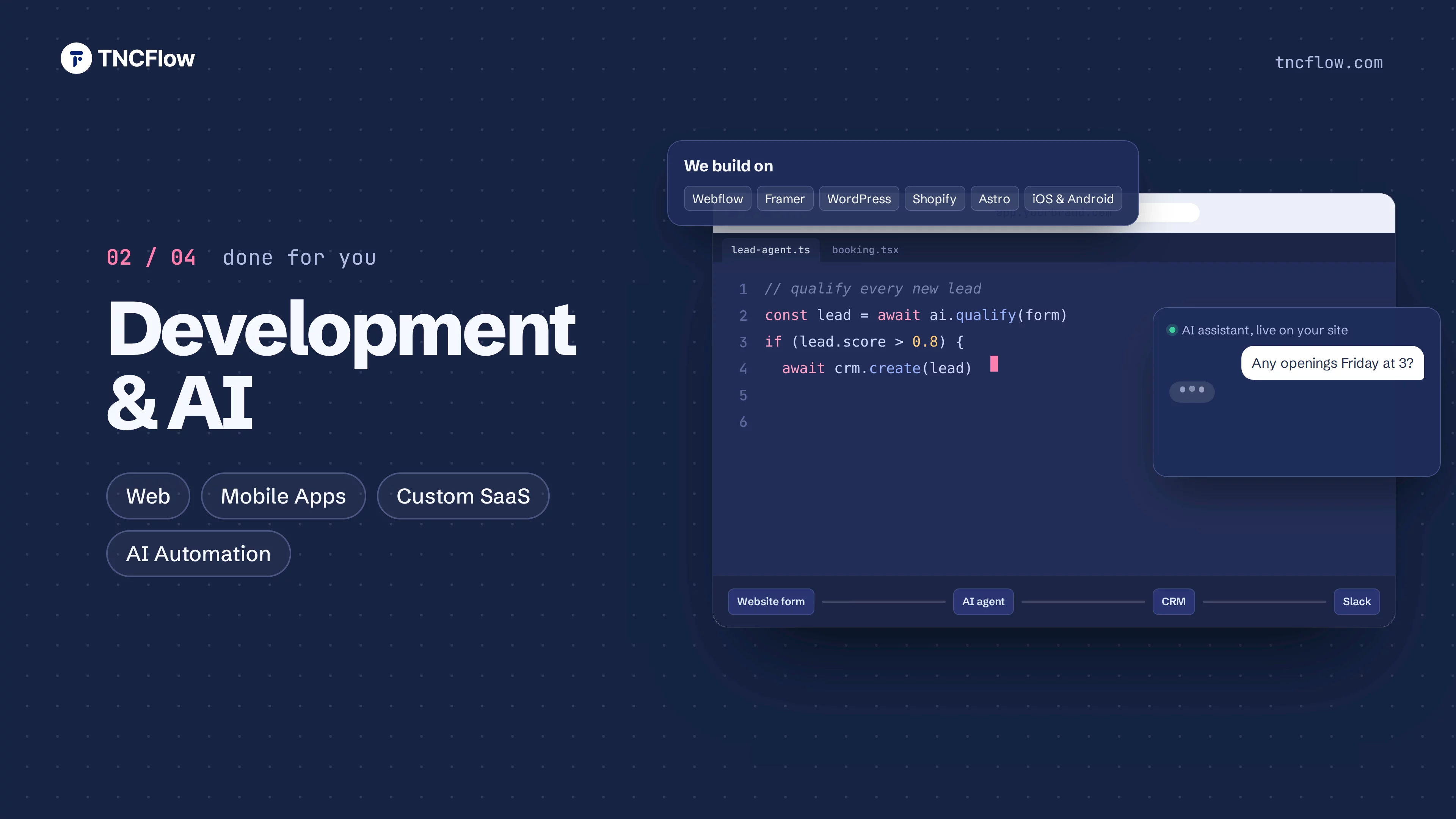 🚀 Introducing TNCFlow — we help businesses and agencies launch websites that actually convert.We're not just another web shop. TNCFlow brings together everything a growing brand needs under one roof:🎨 Design &amp; Experience — UI/UX, product strategy, design systems &amp; branding 💻 Development &amp; AI — Websites, mobile apps, custom SaaS &amp; AI automation 📈 Growth &amp; Marketing — SEO, content marketing, cold outreach &amp; lead engines 🤝 White-label Agency Partnership — Your brand, our team, with internal QA before every handoverPlus, we've got 50+ premium Framer templates ready to help you launch faster.Whether you're a business looking to build a premium online presence or an agency looking for a reliable white-label partner, TNCFlow is built to help you grow.👉 Let's build something great together. 🔗 Our official site:  https://tncflow.com/🔗 Feel free to check out our Framer profile : https://framer.link/WQwRAnA
