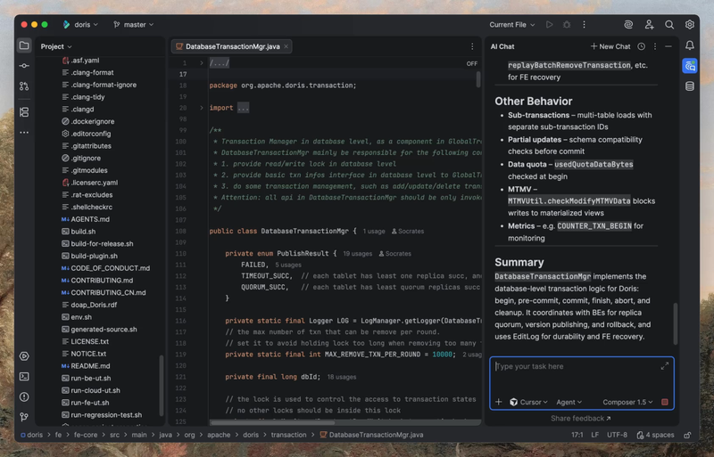 Cursor AI running inside a JetBrains IDE showing AI Chat with code analysis