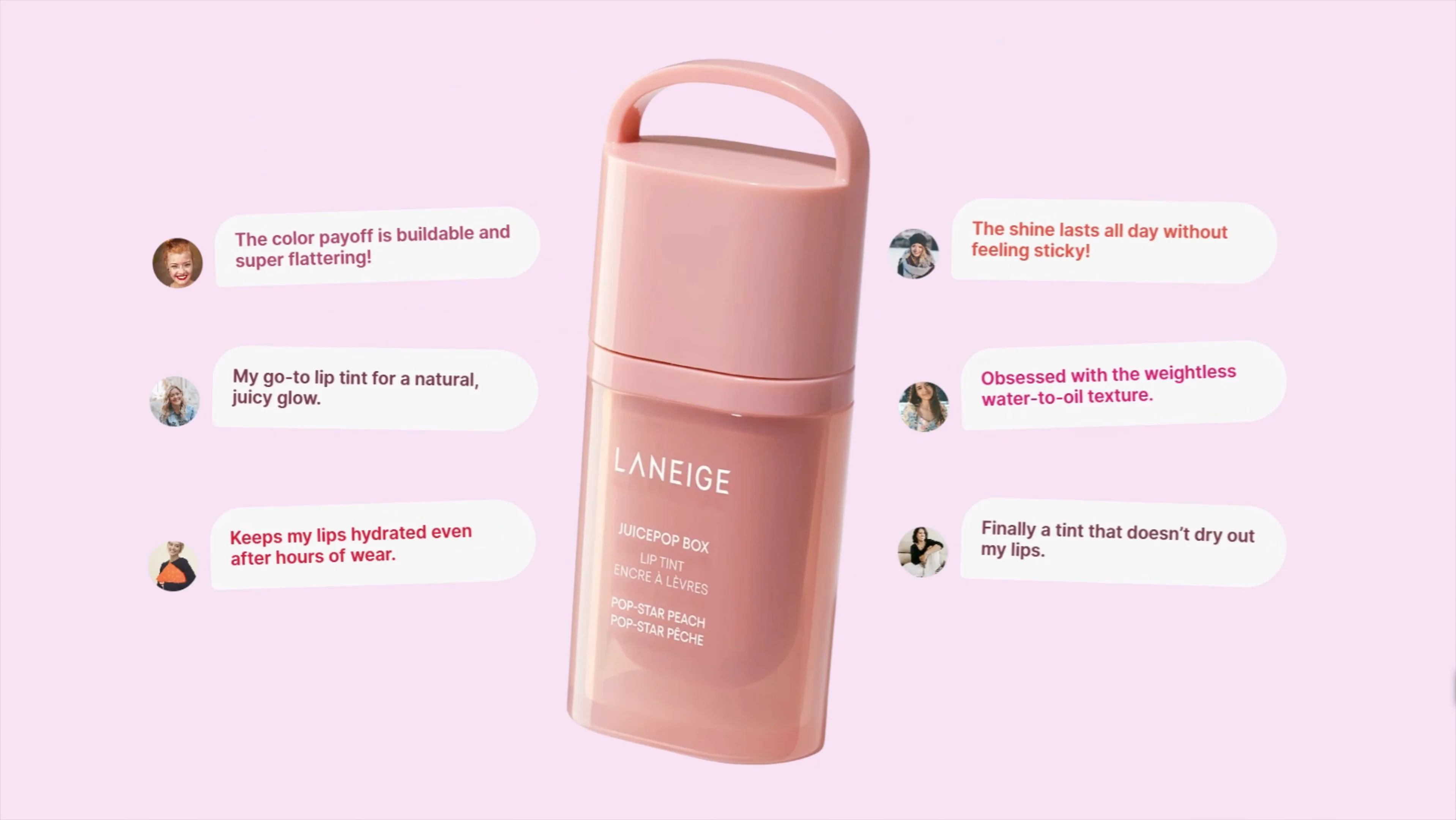 LANEIGE lip tint product highlight in FramerTried a scroll animation that reveals floating customer reviews as you scroll down. What do you think?(Personal practice project)