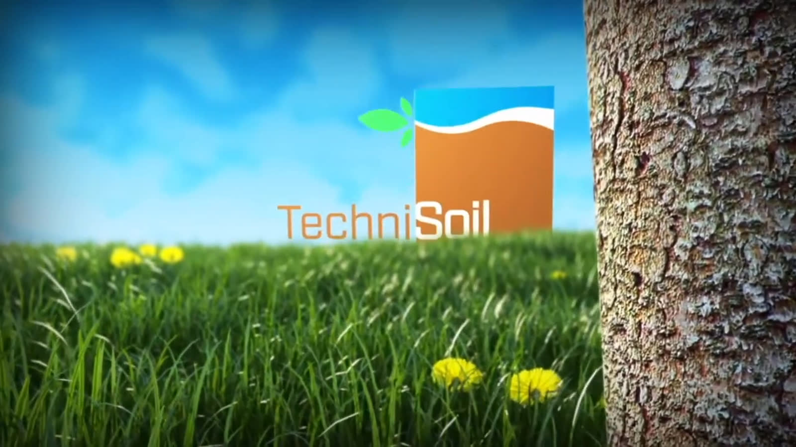 TechniSoil product film opening, with its landscape mark against a blue sky and green field.