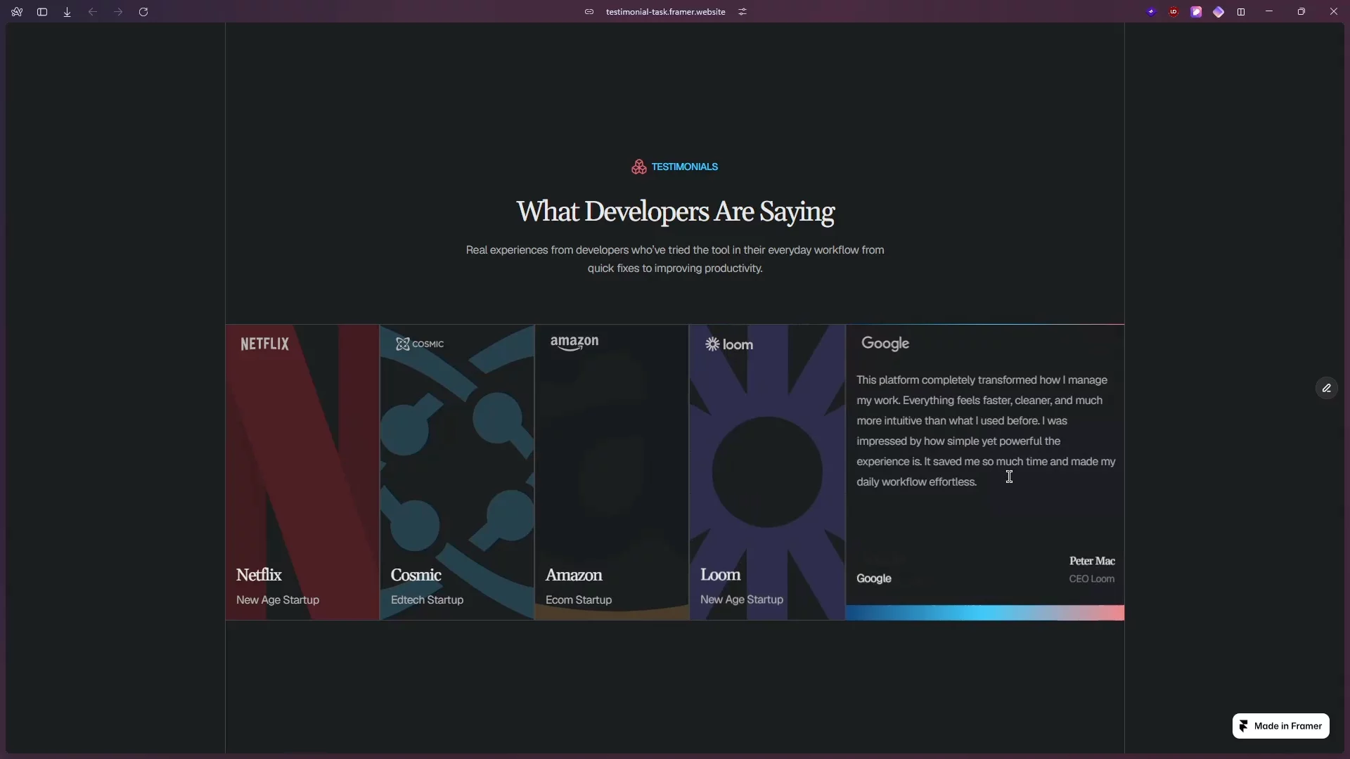 Just built this animated testimonial section in Framer ✨Focused on creating a smooth and engaging user experience with clean animations and a fully responsive layout across all screen sizes. Loved experimenting with motion, spacing, and interaction details to make the section feel more dynamic and polished. Would love to hear your thoughts 🌻
