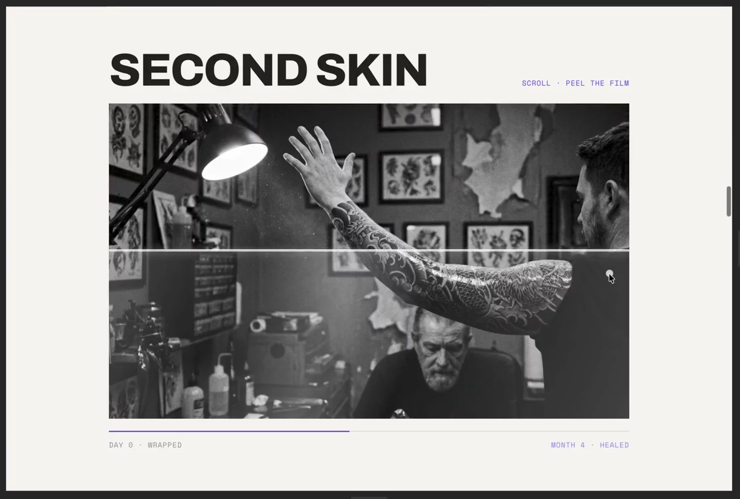 Scroll and the tattoo heals. Day zero wrapped, month four settled.MARROW, for tattoo studios. Out soon.