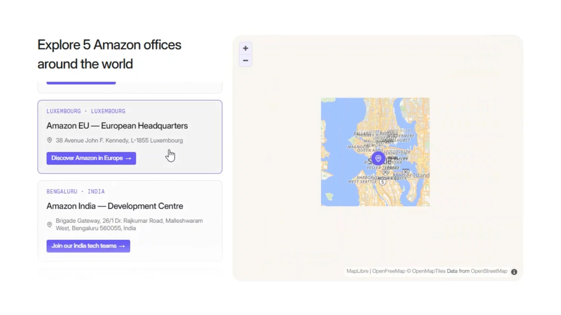 60/100 - Store Locator MapAn interactive store locator that pairs a scrollable location cards list with a responsive mapruns on MapLibre GL with OpenFreeMap tiles, so there is no API key and no usage quota.Live previewInteractive location finder by Russet Supply