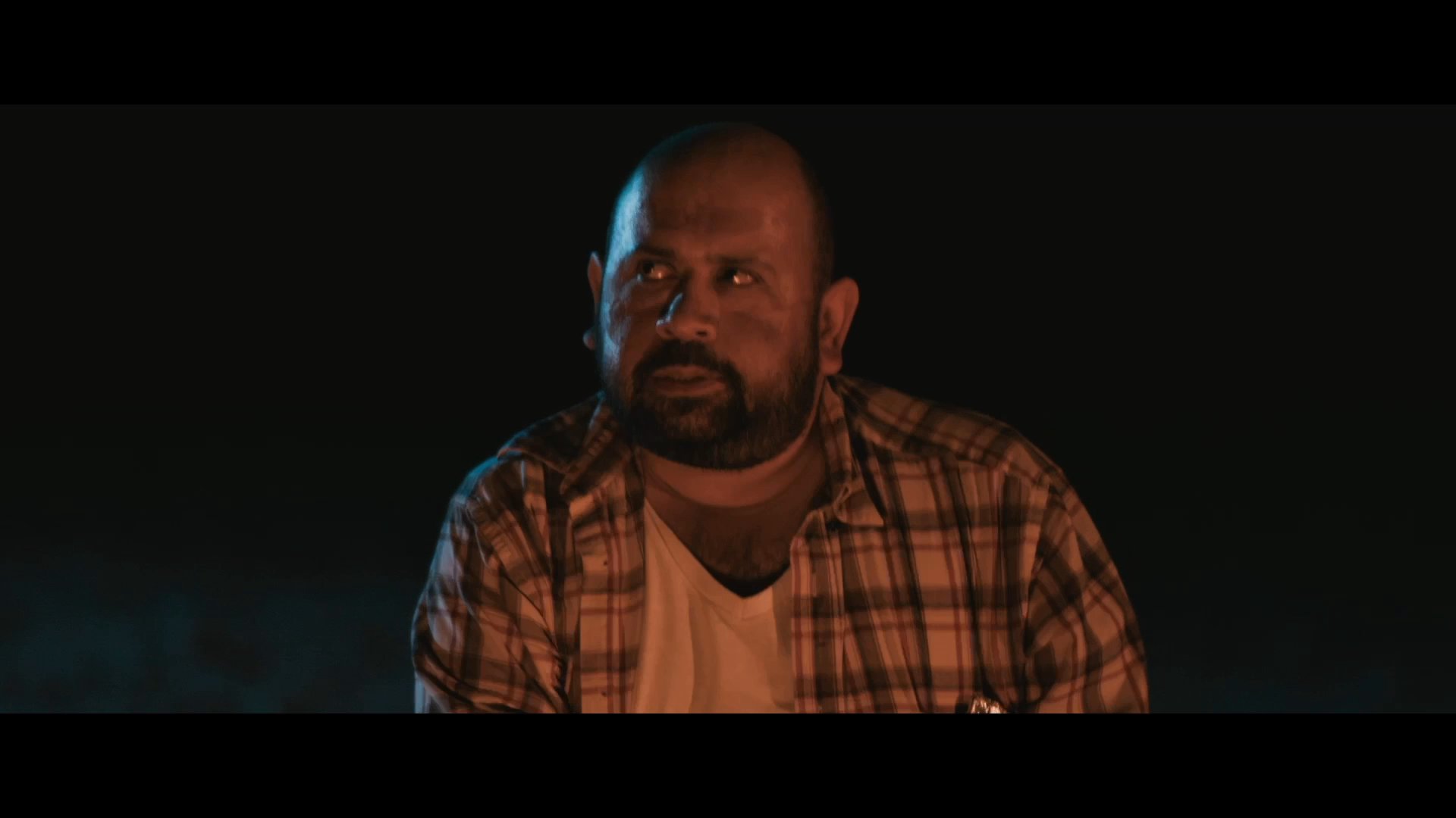 A man gestures expressively while recounting a dramatic story to a listener seated by a campfire at night.