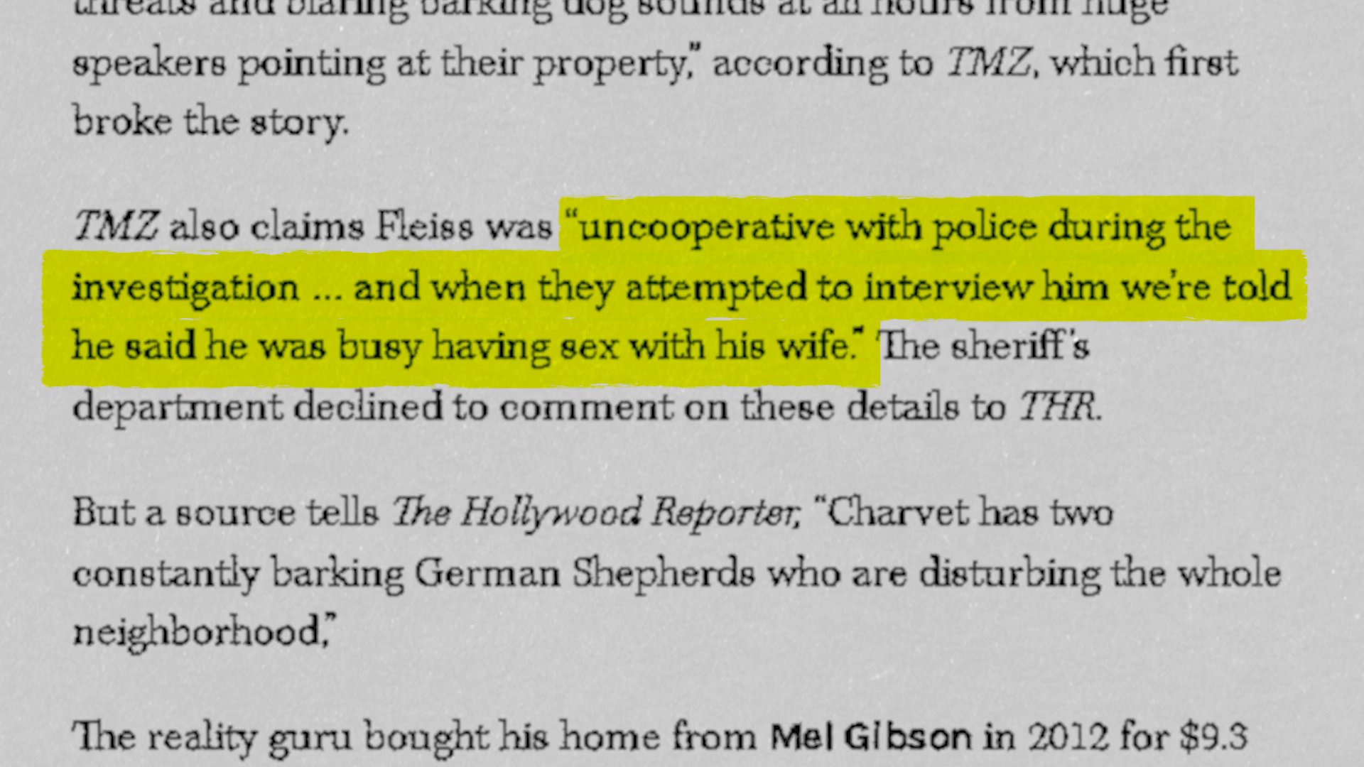 A news report outlines allegations regarding police investigations and neighborhood disturbances involving public figures. The text highlights specific claims about legal cooperation and controversial conduct.
